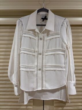 NWOT Edward Achour Cream Crochet-Trim Button Front Shirt, Size 38 = M